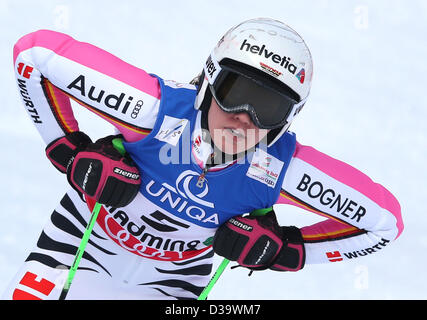 Schladming, Österreich. 14. Februar 2013. Viktoria Rebensburg Deutschland reagiert während des ersten Laufs der Riesenslalom der Damen bei den alpinen Ski-WM in Schladming, Österreich, 14. Februar 2013. Foto: Karl-Josef Hildenbrand/Dpa/Alamy Live News Stockfoto