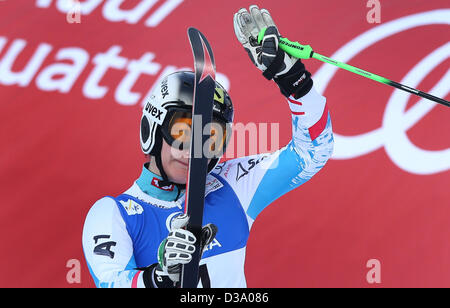 Schladming, Österreich. 14. Februar 2013. Kathrin Zettel von Österreich reagiert während des ersten Laufs der Riesenslalom der Damen bei den alpinen Ski-WM in Schladming, Österreich, 14. Februar 2013. Foto: Karl-Josef Hildenbrand/Dpa/Alamy Live News Stockfoto