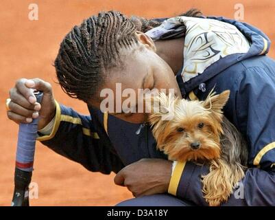 (Dpa) - US-Tennisspielerin Venus Williams küsst Leben Maskottchen, Yorkshire-Terrier "Barbie", während einer Trainingseinheit bei der Eröffnung der Betty Barclay Open in Hamburg, 30. April 2002. Stockfoto