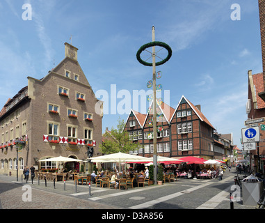 Menschen auf einer Terrasse unter einem großen Maibaum in Münster, Deutschland Stockfoto