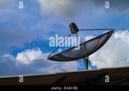 die Sat-Schüssel von Kabel-Tv für den privaten Gebrauch auf dem Dach des Gebäudes Stockfoto