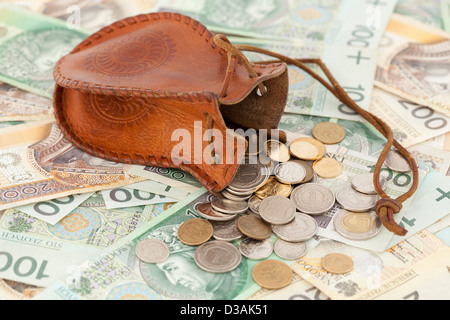 verschüttete Münzen mit Geldsack auf Banknoten Stockfoto
