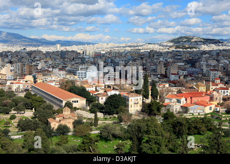 Griechenland Athen Plaka Überblick der Stoa des Attalos und zentrale Athen vom Areopag rock Stockfoto