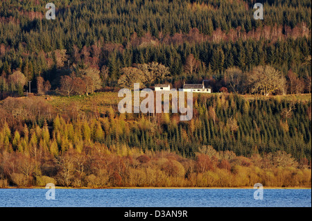 Entfernten weißen Häuschen in Waldlichtung, schneebedeckte Bergen über. Stockfoto