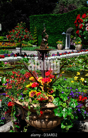 Italienischer Garten Abschnitt Bereich Butchart Gardens Brentwood Bay Victoria British Columbia Kanada Urn Blume anzeigen Wasserteich Stockfoto