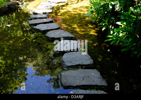 Japanischer Garten Abschnitt Bereich The Butchart Gardens Brentwood Bay Victoria British Columbia Kanada Trittsteine gekrümmten Pfad Stockfoto