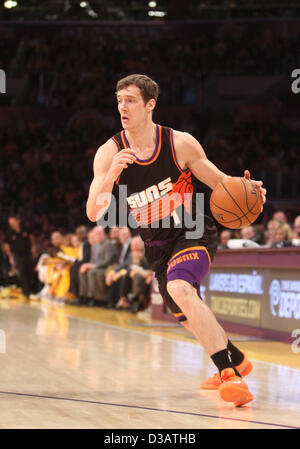 12.02.2013., California, USA.  Goran Dragic #1 der Sonnen während des Spiels. Die Los Angeles Lakers unterlag dem Endstand von 91-85 im Staples Center in der Innenstadt von Los Angeles, CA den Phoenix Suns. Stockfoto