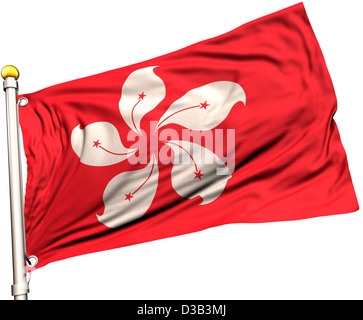 Hong Kong Flagge auf eine Fahnenstange. Clipping-Pfad enthalten. Sichtbar auf die Flagge 100 % Seide Textur. Stockfoto