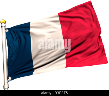 Frankreich Flagge auf eine Fahnenstange. Clipping-Pfad enthalten. Sichtbar auf die Flagge 100 % Seide Textur. Stockfoto