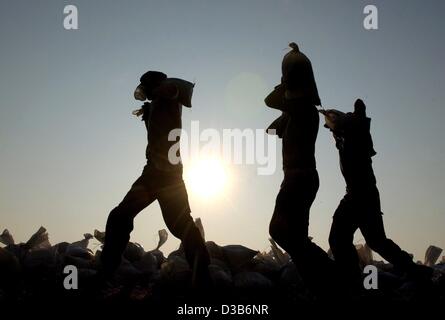 (Dpa) - Soldaten der deutschen Bundeswehr tragen Sandsäcke auf einem Deich in Torgau, Deutschland, 19. August 2002. 2400 Soldaten, Grenzpolizisten, Feuerwehr und Rettung Arbeiter waren in Aktion, einen 4 km langen Damm zum Schutz der Stadtzentrums vor der nahenden Flut zu bauen. Stockfoto