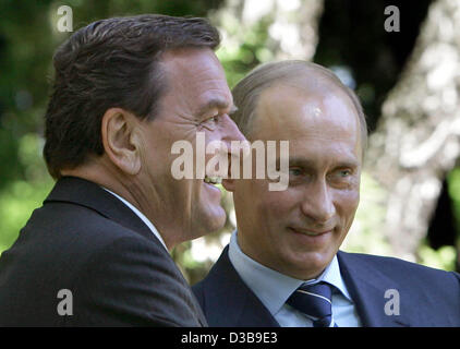 (Dpa) - Russian President Vladimir Putin (R) begrüßt Bundeskanzler Gerhard Schroeder in Swetlogorsk, Russland, Sonntag, 3. Juli 2005. Nach einem Tri-Lateral treffen Schroeder, wird Putin und der französische Präsident Jacques Chirac an den Feierlichkeiten zum 750jährigen Jubiläum der Stadt Kalinin teilnehmen. Stockfoto