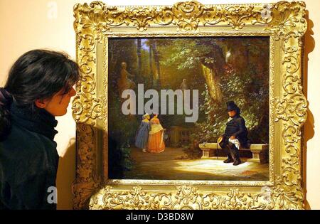 (Dpa) - ein Besucher sieht das Gemälde "Der Witwer" (der Witwer) von Carl Spitzweg (1808-1885), München, 23. Januar 2003. Eine Ausstellung von 250 Gemälden findet im Münchner Haus der Kunst (Haus der Kunst) vom 23 Januar bis 18. Mai 2003. Spitzweg Gemälde repräsentieren die "guten alten Zeiten" ein Stockfoto