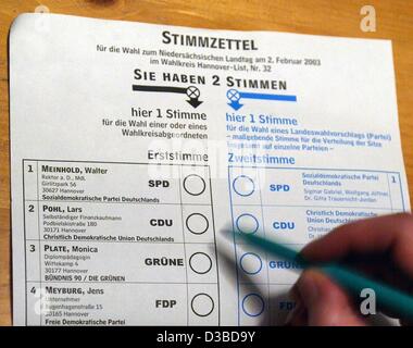 (Dpa) - ein Stimmzettel Papier die bevorstehenden Wahlen zum Parlament der deutschen staatliche Niedersachsen, 28. Januar 2003 abgebildet. Ca. 6,1 Millionen niedriger gebrühter stimmen über 2. Februar 2003 einen neuen Landtag. Stockfoto