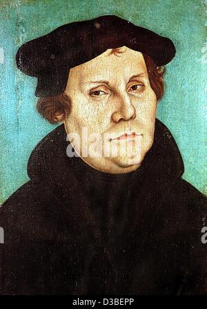 (Dpa-Dateien) - Reformator Martin Luther, gemalt in Öl auf Holz von Lucas Cranach den älteren, 1528. Das Gemälde ist in der "Lutherhalle", ein Museum über die Geschichte der Reformation in Wittenberg, Deutschland ausgestellt. Ab 1920, schuf Cranach und seiner Werkstatt zahlreiche Bilder von Luther lebte von 148 Stockfoto