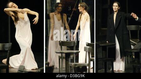 (Dpa) - zeigt eine Combo Pina Bausch, die renommierte deutsche Ballett-Tänzerin und Choreografin, tanzen während einer Generalprobe des "Café Müller" in Bochum, Deutschland, 15. Mai 2003. Pina Bausch begann in Solingen, Deutschland, geb. 1940, ein Tanzstudium im Alter von 15 an der Folkwangschule in Essen. Im Jahre 195 Stockfoto