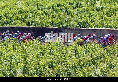 (Dpa) - Radfahrer, die Teilnahme an der Tour de Suisse sind während der zweiten Etappe von Murten nach Nyon (175,1 km), Egerkingen, 18. Juni 2003 abgebildet. Stockfoto