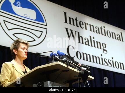(Dpa) - Renate Kuenast (grüne), Bundesministerin für Verbraucherschutz, Ernährung und Landwirtschaft, spricht zu Beginn der 55. Internationale Walfangkommission (IWC) Konferenz in Berlin, 16. Juni 2003. Eröffnet wurde die Konferenz mit einem starken Argument auf der neuesten Inititives zum Schutz der Wale w Stockfoto