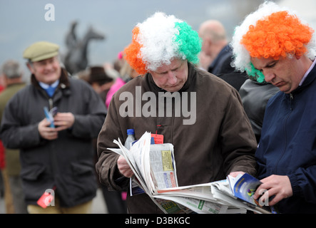 Männer tragen Tri colour Perücken am St. Patricks Day während des Cheltenham Festivals, eine jährliche Pferd Rennen Befestigung in England Stockfoto