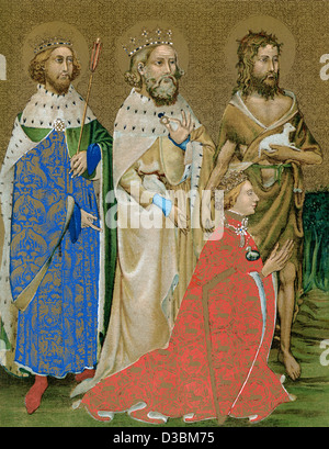 König Richard II von England und seine Schutzpatrone, Johannes der Täufer, Eduard dem Bekenner und Edmund der Märtyrer. Stockfoto