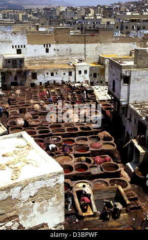 (Dpa) - arbeiten Gerber auf eingebaute Becken mit verschiedenen Flüssigkeiten für die Herstellung von Leder auf die Gerber-Viertel in Fes, Marokko, im Jahr 2001. Stockfoto
