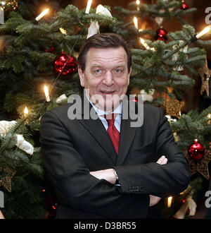 (Dpa) - wartet Bundeskanzler Gerhard Schroeder auf der russische Präsident Vladimir Putin vor einem Weihnachtsbaum im Atlantic Hotel in Hamburg, Deutschland, Montag, 20. Dezember 2004. Ihre Gespräche konzentrieren sich auf Kooperationen im Bereich Wirtschaft und in der Forschung. (POOL) Stockfoto