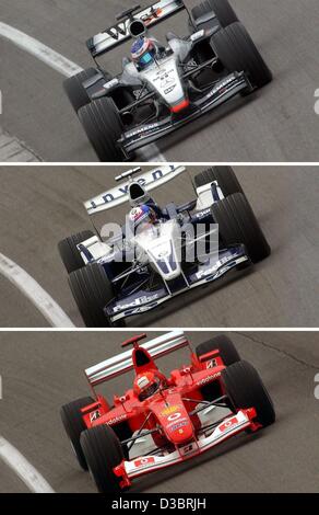 (Dpa) - zeigt diese Combo der Formel 1 Rennwagen von der ersten drei Schuhshop in Aktion während des freien Trainings-Runde auf der Rennstrecke in Indianapolis, USA, 26. September 2003. Von unten: Deutsche Titelverteidiger Michael Schumacher (Ferrari), kolumbianische Pilot Montoya (BMW-Williams) ein Stockfoto