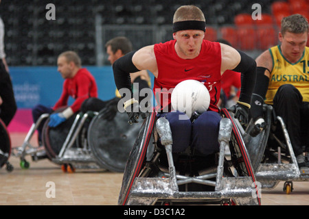 Aaron Phipps GB v Australien in den Rollstuhl-Rugby in der O2 Arena. Stockfoto