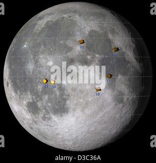 Die NASA kartierte die Landeplätze Apollo, einschließlich Apollo 11 und 14, und detailliert die Standorte für Mondforschung, historische Studien und zukünftige Erkundungen der Mondoberfläche. Stockfoto