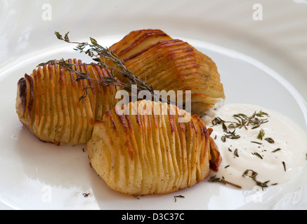 Hasselback schwedische Kartoffeln mit saurer Sahne. Stockfoto
