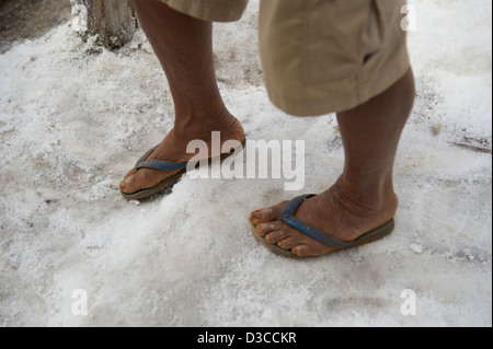 Ein Mann tragen Flip-flops steht auf einem Haufen Salz in der Nähe von Savannakhet in Laos Stockfoto