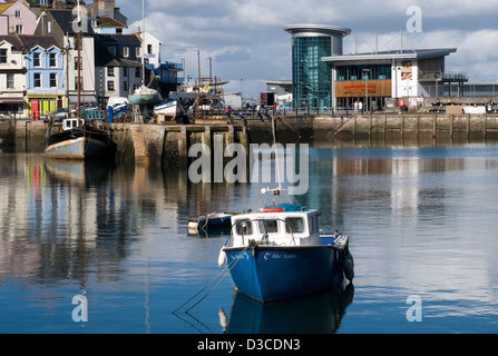 Hafen von Brixham, Ponton, Brixham Hafen verankert, blau, Boot, Bogen, abgehackt, angedockt, flüssig, grün, starten, Fisch Stadt Stockfoto