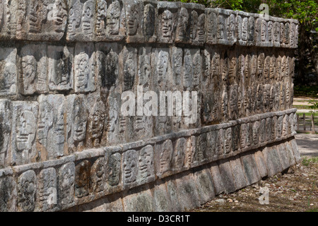 Detail des Schädels Schnitzereien an der Wand der Schädel (Tzompantli), Chichen Itza, Mexiko Stockfoto