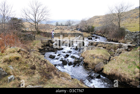 Clapper Bridge und Ford, einen alten Stein Brücke nördlich von Wharfe in North Yorkshire Dales, England gebaut. Stockfoto