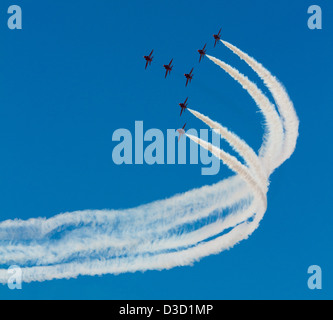 Red Arrows Flugzeuge.  WESTON-SUPER-MARE, SOMERSET-Juli 23. 2012: At the Grand Pier Air Show Tage kurz vor London 2012. Stockfoto