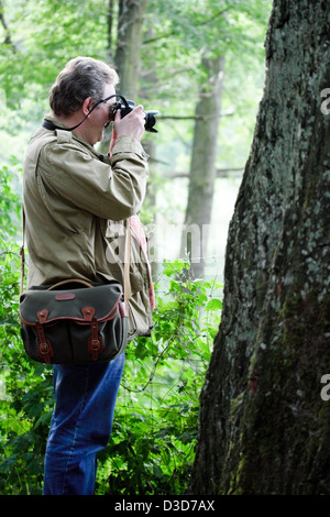 Berlin, Deutschland, ein Mann steht im Grunewald und fotografiert Stockfoto