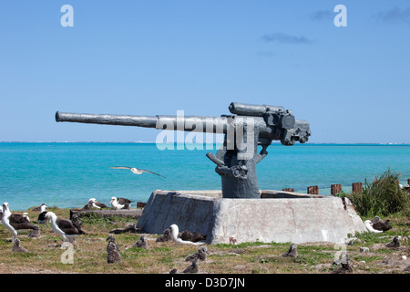 3' Anti-Flugzeug-Kanone aus dem Zweiten Weltkrieg, ein Artefakt der Marineflugstation auf dem Midway-Atoll von 1942 bis 1945. Battle of Midway National Memorial. Stockfoto