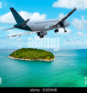 Jet rangieren auf der tropischen Insel. Quadratische Komposition. Stockfoto