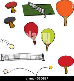 Verschiedene Objekte im Tischtennis Spiel auf isolierten weißen Hintergrund Stockfoto