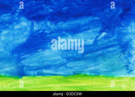 Abstrakt hand gezeichnete Aquarell Hintergrund: Sommerlandschaft mit blauem Himmel, grünen Rasen. Stockfoto