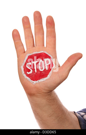 Hände mit den gezeichneten schildern. Isoliert auf weißem Hintergrund Stockfoto