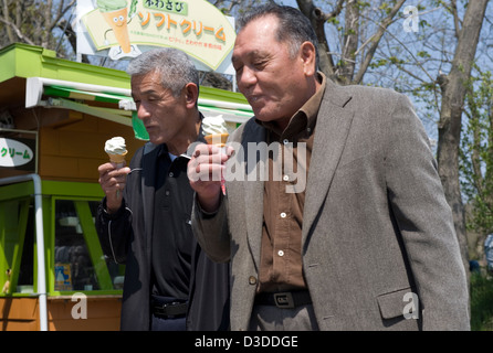 Besucher genießen Wasabi Meerrettich Softeis auf Daio Wasabi Nojo Farm in Hotaka, Nagano. Stockfoto