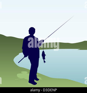 Gegen eine Landschaft und den See ist ein Fischer mit einer Angelrute und einen Fisch fangen. Stockfoto