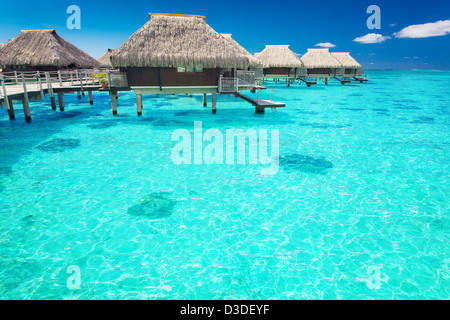 Wasser-Villen im Ozean mit Stufen ins türkisfarbene Lagune Stockfoto