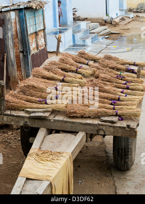 Indische Gras reed Bürsten auf der Rückseite eines Ochsenkarren in einem ländlichen indischen Dorf. Traditionelle indische Besen. Andhra Pradesh, Indien Stockfoto