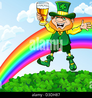 St. Patricks Tag glücklich Kobold mit einem Glas Bier auf einer Wiese unter einem Regenbogen tanzen Stockfoto