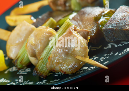 Japanische aufgespießt, Huhn, Schweinefleisch, MeatYakitori .closeup Stockfoto