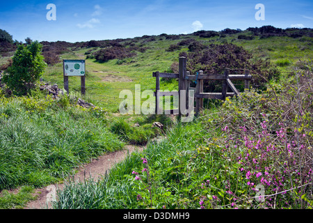 Ein Tor auf der Mendip Hills am Eingang zum Ubley Warren Nature Reserve, Somerset, England, UK Stockfoto