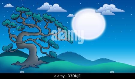 Nacht-Landschaft mit alten Pinie - farbigen Illustration. Stockfoto