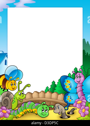 Rahmen mit verschiedenen Garten Tiere - farbigen Illustration. Stockfoto