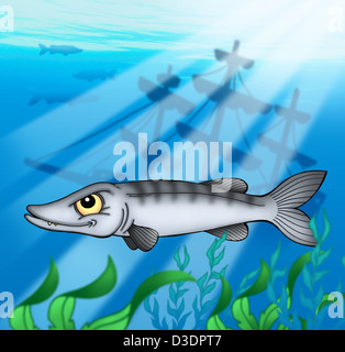 Barracuda mit Schiffbruch - farbigen Illustration. Stockfoto